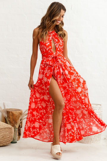 Charlotte High Split Maxi Dress Floral Print Red