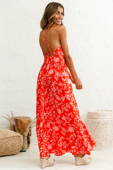 Charlotte High Split Maxi Dress Floral Print Red