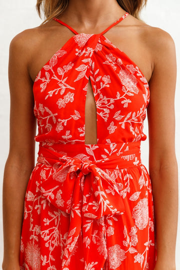 Charlotte High Split Maxi Dress Floral Print Red